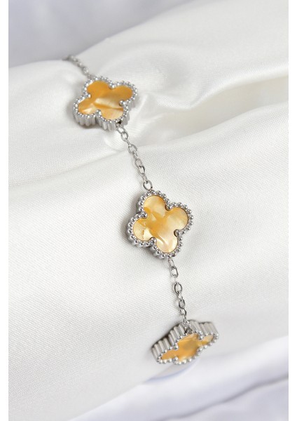 316L Çelik Sedefli Kehribar Sarı Gümüş Renk Yonca Kadın Bileklik - Lisinya