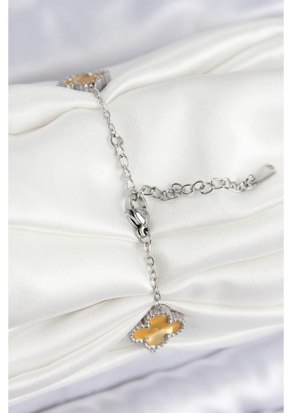 316L Çelik Sedefli Kehribar Sarı Gümüş Renk Yonca Kadın Bileklik - Lisinya fiyatları