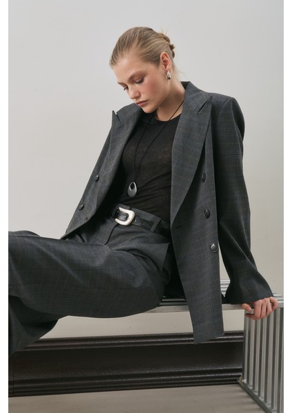 Kruvaze Ekose Blazer Ceket Gri