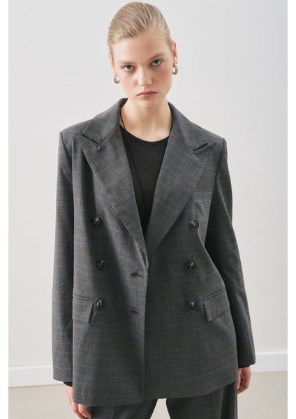Kruvaze Ekose Blazer Ceket Gri modelleri