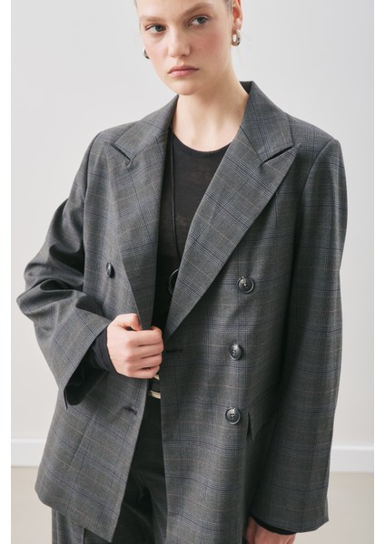 Kruvaze Ekose Blazer Ceket Gri fırsatları
