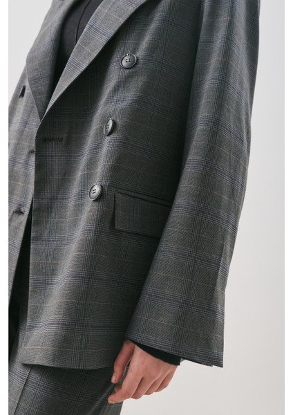 Kruvaze Ekose Blazer Ceket Gri indirimleri