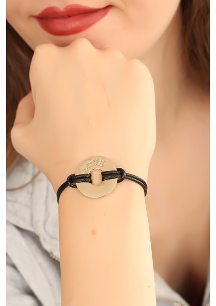 Love (Aşık) Siyah Deri Ipli Unisex Mood Bileklik - Lisinya