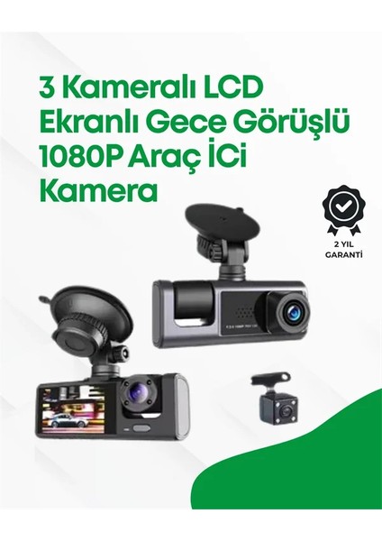2.0” LCD Ekranlı, Döngüsel Kayıt Özellikli Üç Kameralı Oto Kamera