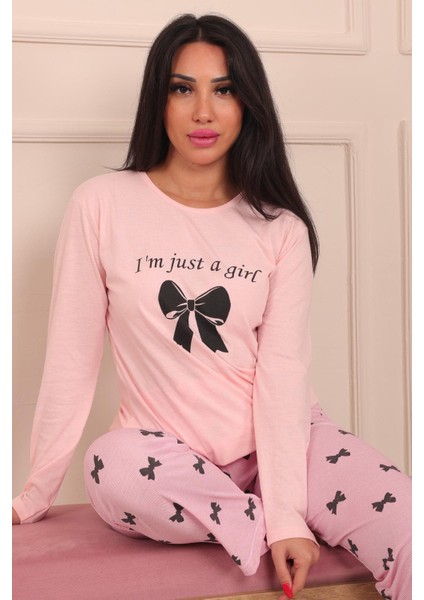 Kadın Sloganlı Kurdele Baskılı Bisiklet Yaka Uzun Kol Altı Uzun Penye Pijama Takımı