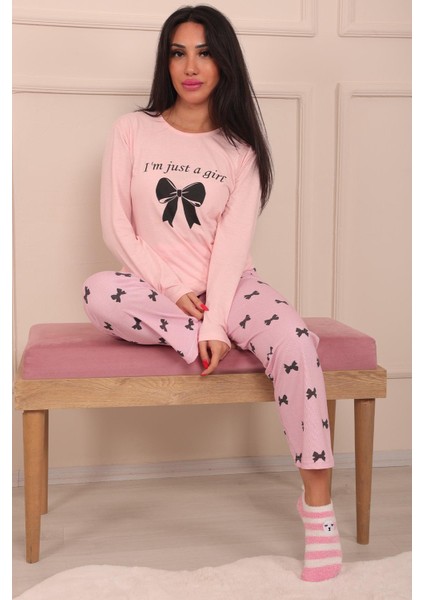 Kadın Sloganlı Kurdele Baskılı Bisiklet Yaka Uzun Kol Altı Uzun Penye Pijama Takımı fırsatları