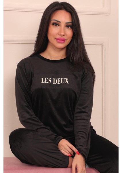 Kadın Sloganlı Uzun Kollu Paçası Manşetli Kadife Pijama Takımı fiyatları