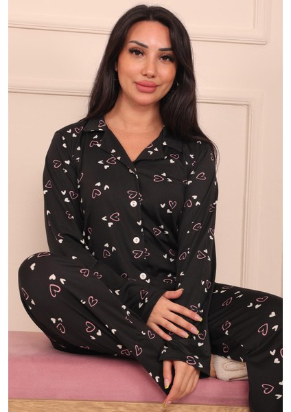 Kadın Kalp Desenli Önü Düğmeli Milan Kumaş Pijama Takımı fiyatları