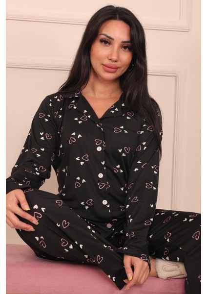 Kadın Kalp Desenli Önü Düğmeli Milan Kumaş Pijama Takımı fırsatları