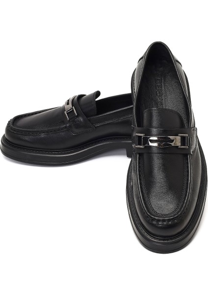 Erkek Siyah Tokalı Kalın Tabanlı Deri Loafer 25WFD610318