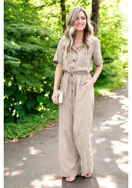 Kısa Kollu Bağcıklı Kadın Keten Tulum modelleri