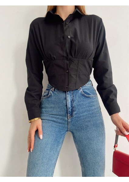 Kadın Beli Lastikli Korse Crop Gömlek