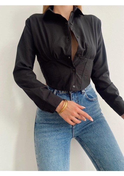 Kadın Beli Lastikli Korse Crop Gömlek modelleri