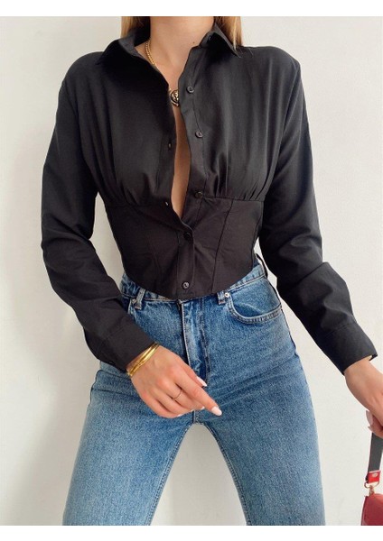 Kadın Beli Lastikli Korse Crop Gömlek fırsatları