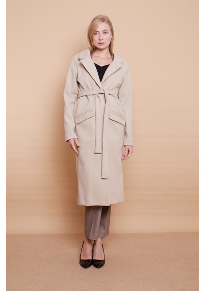 Kaşe Yakalı Cep Kapaklı Cepli Uzun Kaban -Taş