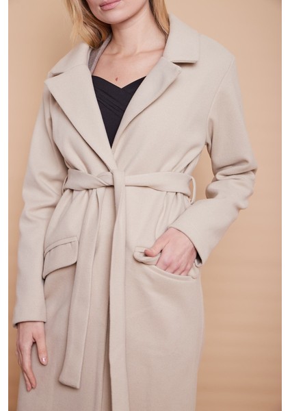 Kaşe Yakalı Cep Kapaklı Cepli Uzun Kaban -Taş