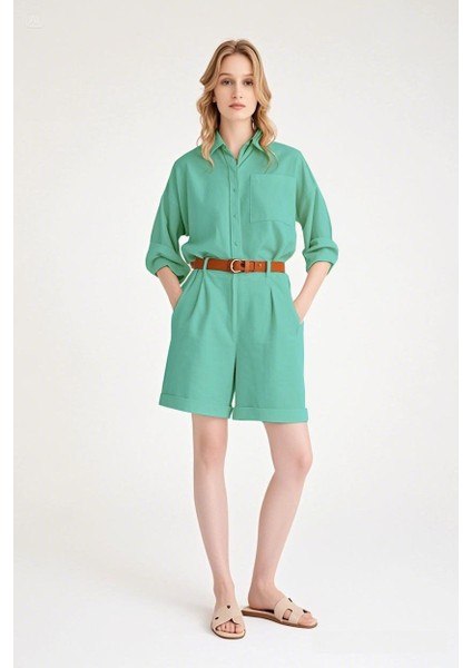 Uzun Kol Keten Gömlek Şort İkili Su Yeşili Takım fiyatları