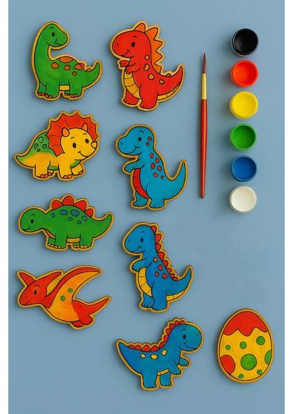 Dinazorlar Ahşap Boyama Etkinlik Seti + Eğitici Çocuk Aktivite + Fırça Akrilik Boya Kreş Okul Öncesi