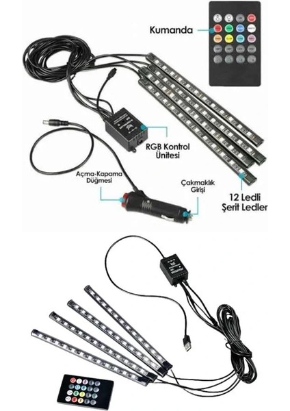 Araç Içi Ayak Altı LED 12 LED Işık Sese Müziğe Duyarlı Rgb Işıklı Aydınlatma Seti modelleri