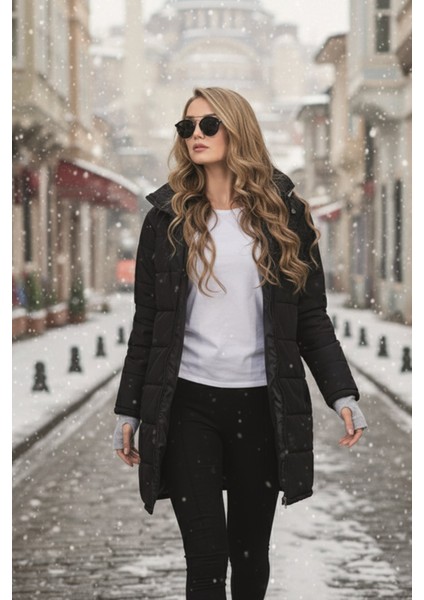 Kapüşonlu Eldiven Detaylı Kışlık Kadın Şişme Mont fiyatları