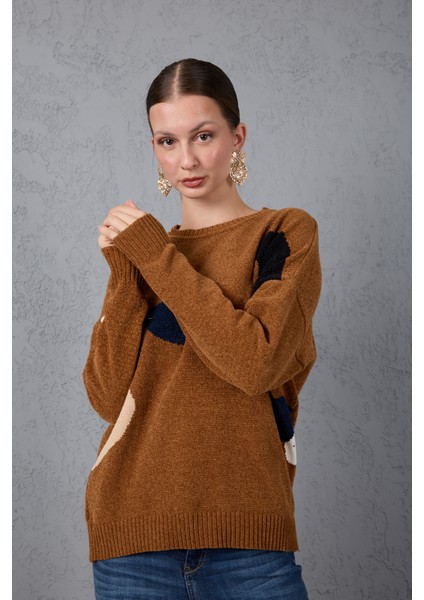 Kadın Taba Şönil Kadife Renk Bloklu Bisiklet Yaka Triko Kazak fiyatları