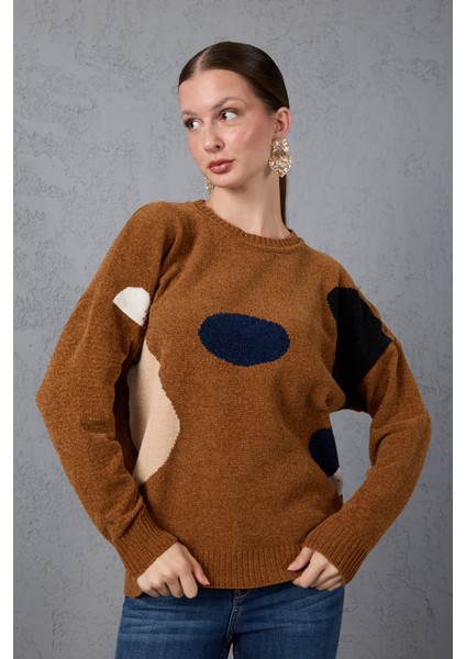 Kadın Taba Şönil Kadife Renk Bloklu Bisiklet Yaka Triko Kazak modelleri