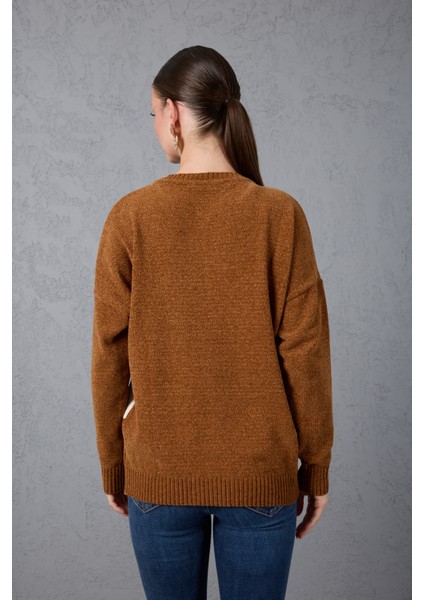 Kadın Taba Şönil Kadife Renk Bloklu Bisiklet Yaka Triko Kazak fırsatları