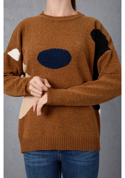 Kadın Taba Şönil Kadife Renk Bloklu Bisiklet Yaka Triko Kazak indirimleri