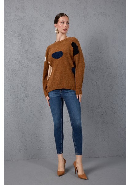 Kadın Taba Şönil Kadife Renk Bloklu Bisiklet Yaka Triko Kazak