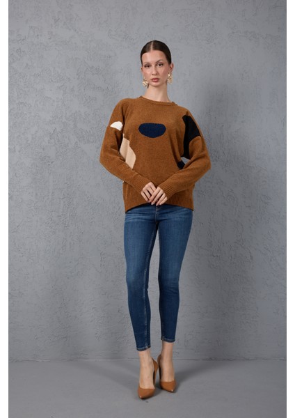 Kadın Taba Şönil Kadife Renk Bloklu Bisiklet Yaka Triko Kazak