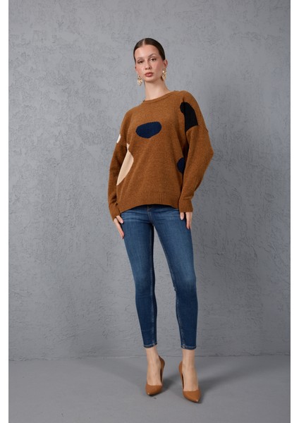 Kadın Taba Şönil Kadife Renk Bloklu Bisiklet Yaka Triko Kazak