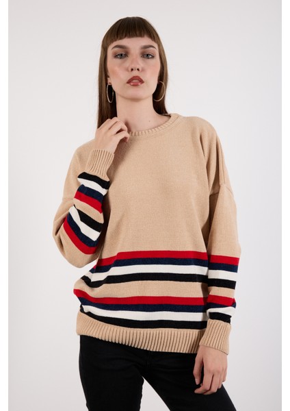 Kadın Açık Bej Çizgili Bisiklet Yaka Şönil Kadife Triko Kazak fiyatları