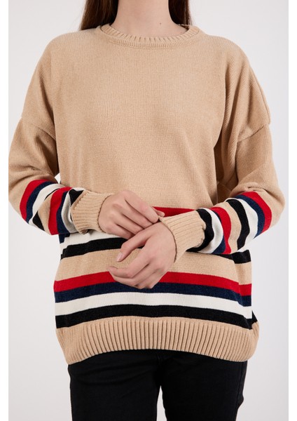 Kadın Açık Bej Çizgili Bisiklet Yaka Şönil Kadife Triko Kazak