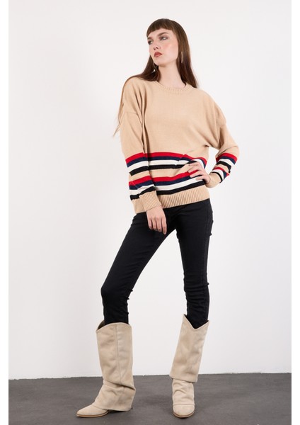 Kadın Açık Bej Çizgili Bisiklet Yaka Şönil Kadife Triko Kazak