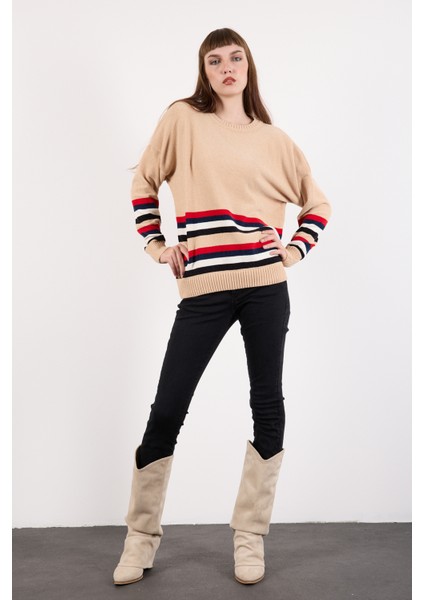 Kadın Açık Bej Çizgili Bisiklet Yaka Şönil Kadife Triko Kazak