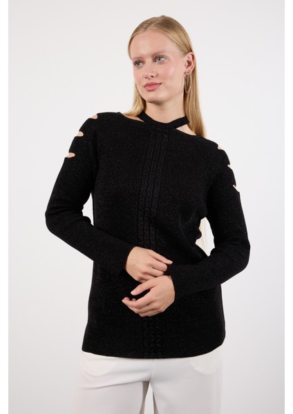 Kadın Siyah Omuzları Kesik Detaylı Reglan Kollu Simli Triko Kazak fiyatları