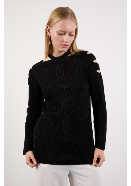 Kadın Siyah Omuzları Kesik Detaylı Reglan Kollu Simli Triko Kazak modelleri