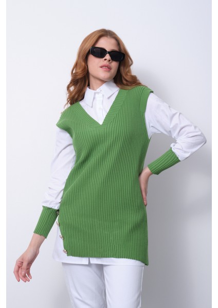 Fitilli Triko Süveterli Gömlek Ikili Kombin