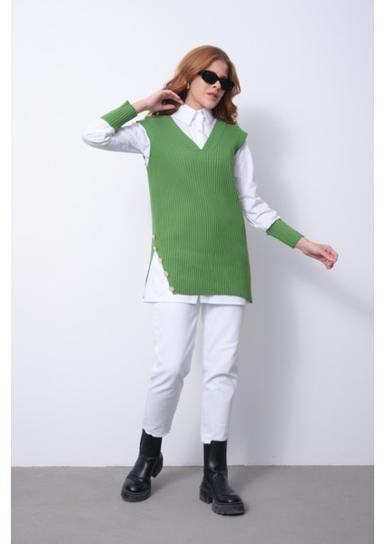 Fitilli Triko Süveterli Gömlek Ikili Kombin