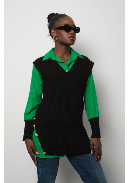 Fitilli Triko Süveterli Gömlek Ikili Kombin