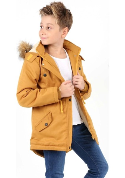 Erkek Çocuk Su Geçirmez Çıkarılabilir Kapüşonlu Pelüş Kürk Astarlı Uzun Mont Kaban