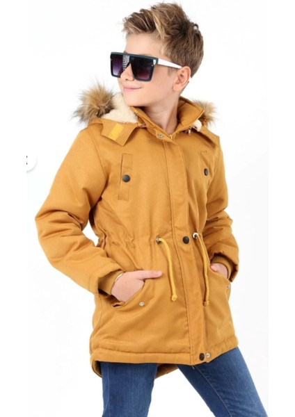 Erkek Çocuk Su Geçirmez Çıkarılabilir Kapüşonlu Pelüş Kürk Astarlı Uzun Mont Kaban fırsatları