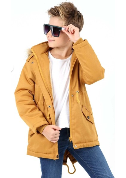 Erkek Çocuk Su Geçirmez Çıkarılabilir Kapüşonlu Pelüş Kürk Astarlı Uzun Mont Kaban