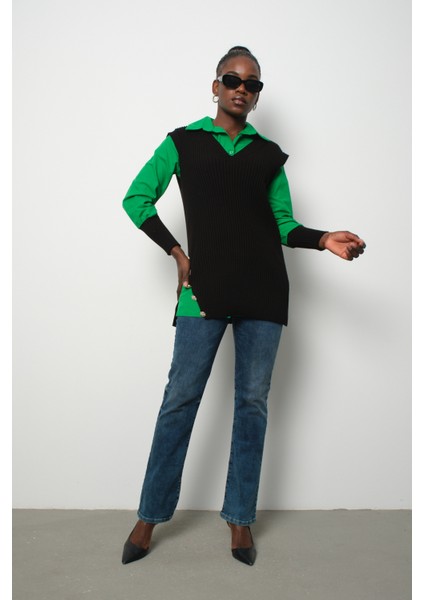 Fitilli Triko Süveterli Gömlek Ikili Kombin