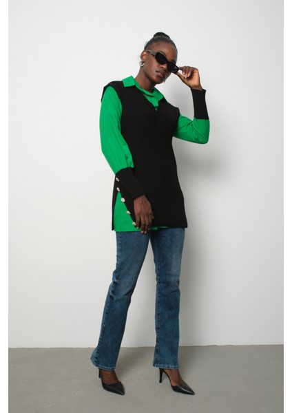 Fitilli Triko Süveterli Gömlek Ikili Kombin