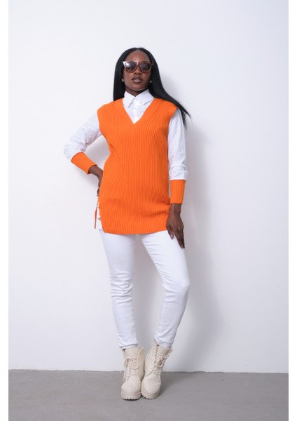 Fitilli Triko Süveterli Gömlek Ikili Kombin