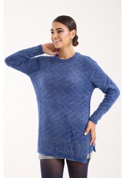Kadın Indigo Simli Sakal Iplik Yan Yırtmaçlı Bisiklet Yaka Triko Kazak