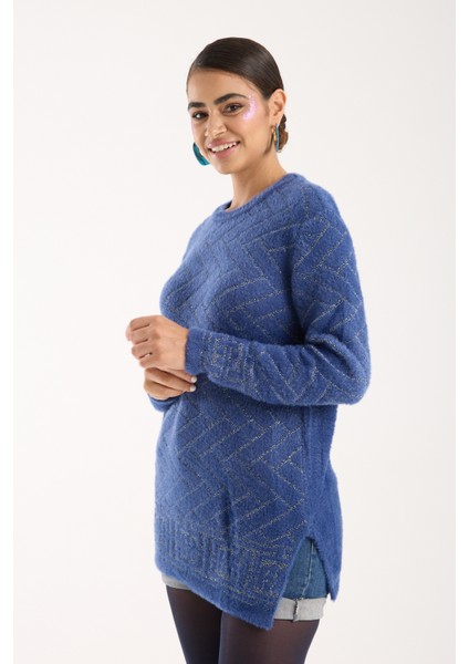 Kadın Indigo Simli Sakal Iplik Yan Yırtmaçlı Bisiklet Yaka Triko Kazak fiyatları