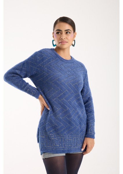 Kadın Indigo Simli Sakal Iplik Yan Yırtmaçlı Bisiklet Yaka Triko Kazak modelleri