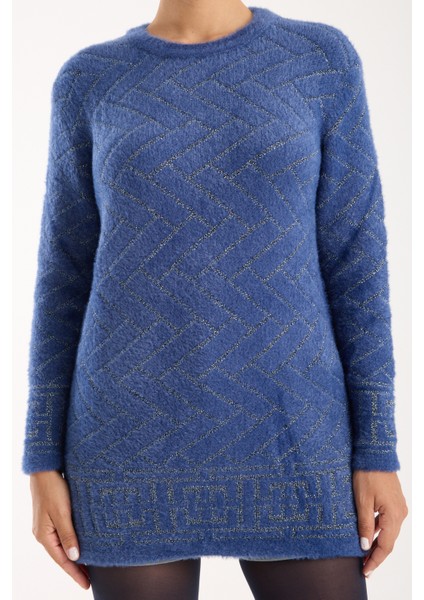 Kadın Indigo Simli Sakal Iplik Yan Yırtmaçlı Bisiklet Yaka Triko Kazak fırsatları